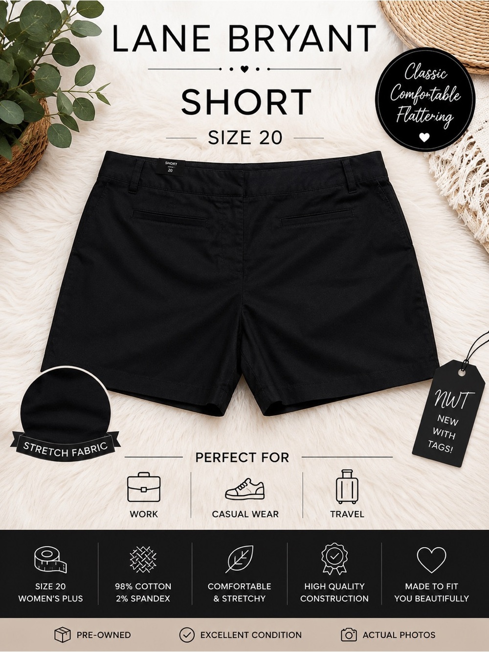 Lane Bryant NWT Black Stretch Chino Shorts Size 20 Short Plus Cotton